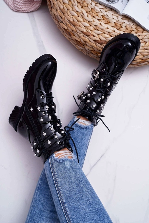 Botki Damskie Płaskie Lakierowane Z Perełkami Czarne Domination