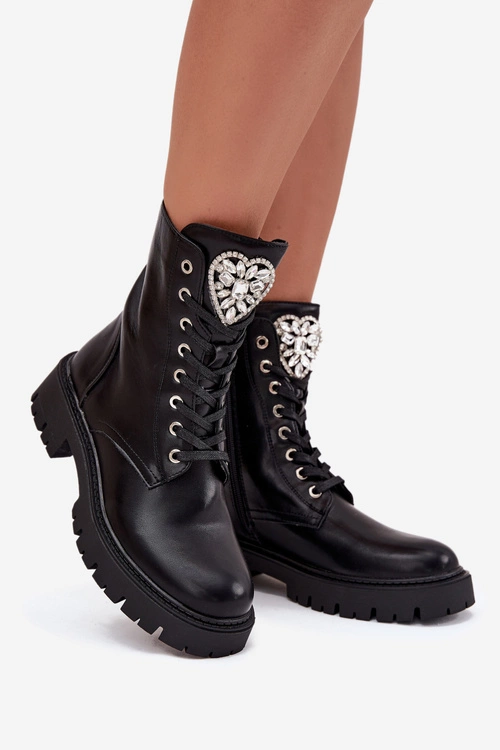Botki Workery Damskie Z Kryształkami Na Języku Czarne Rosira