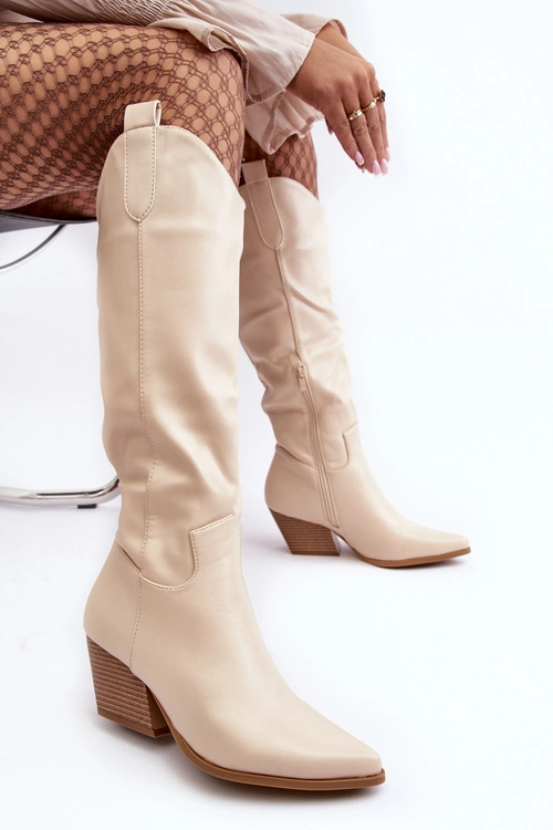 Damskie Kozaki Kowbojki Na Obcasie Jasnobeżowe Kaspella