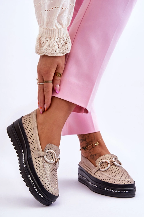 Klasyczne Skórzane Ażurowe Mokasyny Z Ozdobą Złote Rendy