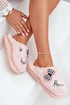 Futrzane Kapcie Damskie Z Naszywkami I Kokardką Różowe Linnorelia