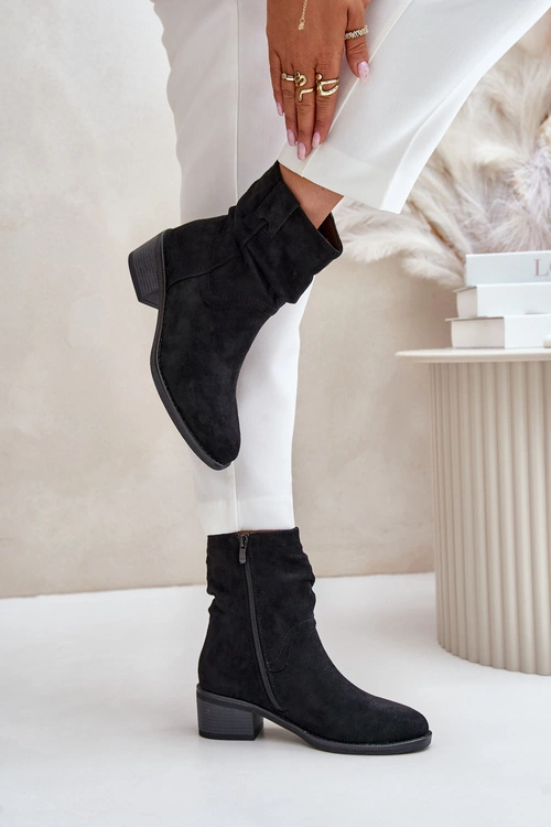 Ocieplane Botki Damskie Z Marszczoną Cholewką Na Niskim Obcasie Czarne Zinanya