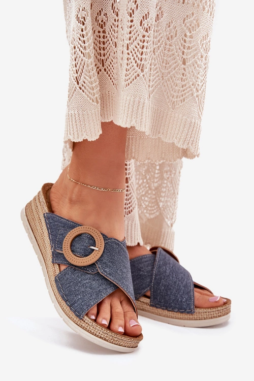 Klapki Damskie Na Koturnie Z Ozdobną Klamrą Inblu RV000012 Niebieskie