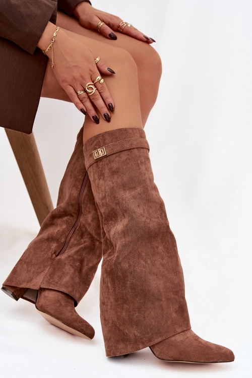 Kozaki Eko Zamszowe Obcas Słupek Na Zamek Ocieplane Wywinięta Cholewka Ciemnobeżowe Evyra