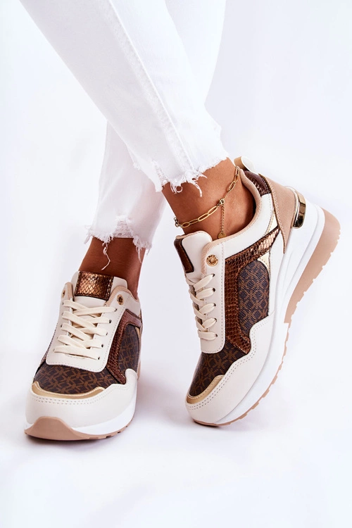 Damskie Skórzane Buty Sportowe Na Koturnie Biało-Brązowe Catrine