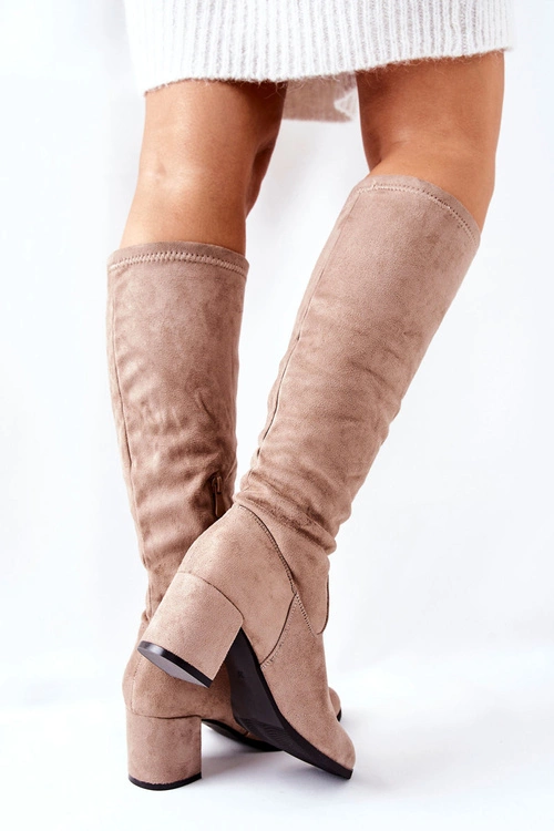 Kozaki Damskie Na Obcasie Zamszowe Beżowe Newferry