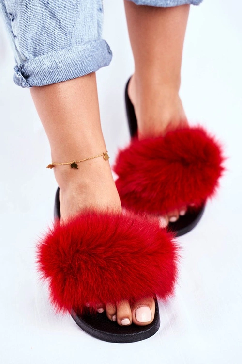 Klapki Damskie z Naturalnym Futerkiem Czerwone Bushido