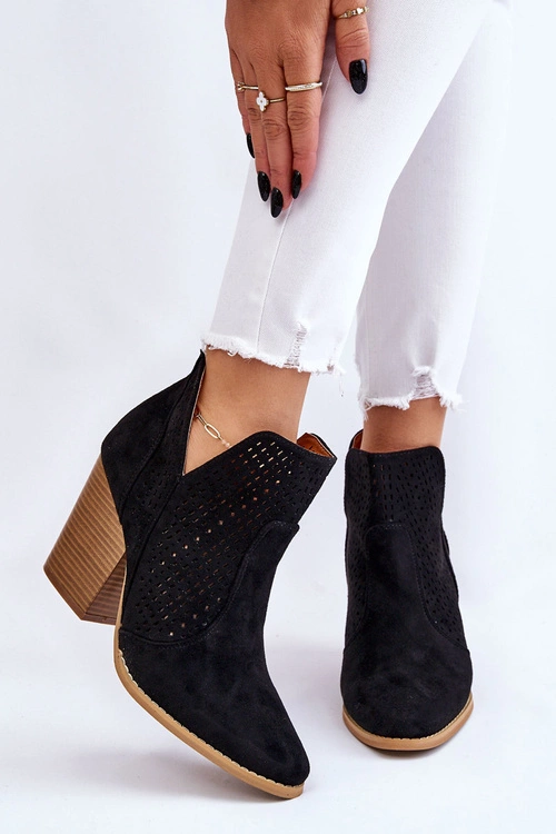 Botki Damskie Na Słupku Zamszowe Ażurowe Czarne Shades