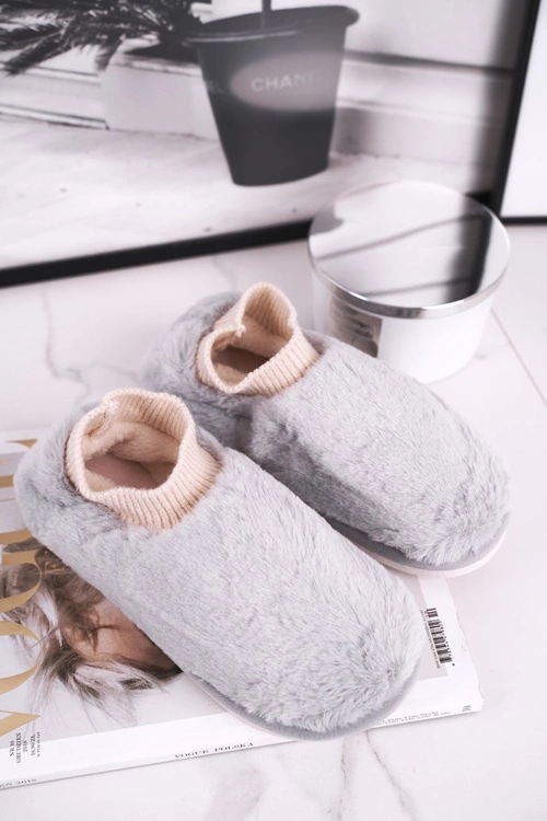 Papcie Damskie Z Futerkiem I Skarpetką Szare Yeti