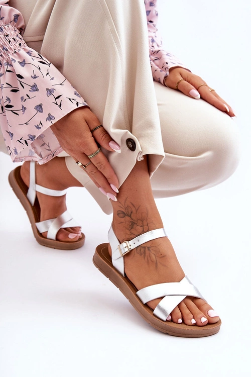 Klasyczne Skórzane Sandały Damskie Srebrne Talisma