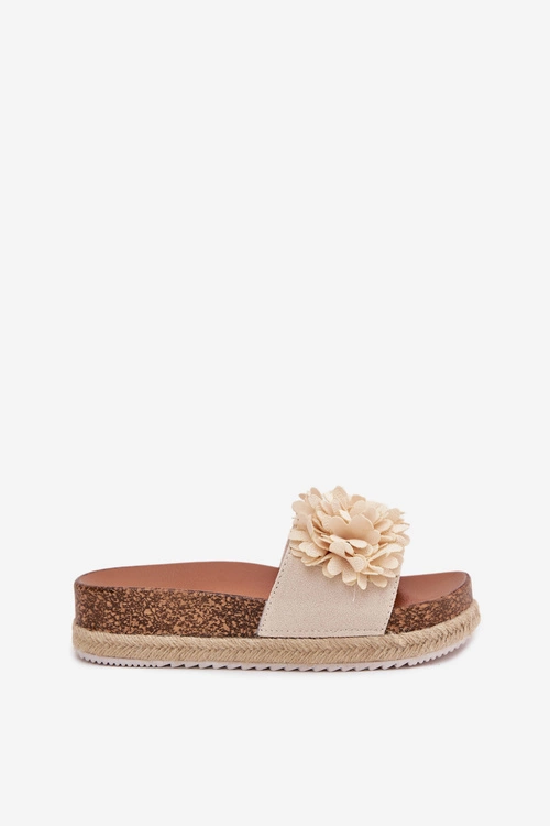 Klapki Damskie Na Platformie Z Ozdobnymi Kwiatkami Beżowe Tessara