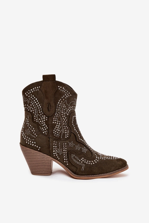 Ocieplane Damskie Botki Kowbojki Ze Zdobieniem Ciemnozielone Lelira