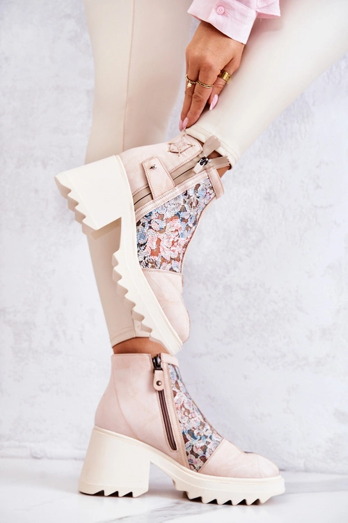 Skórzane Botki Na Masywnym Słupku Maciejka Beżowe 05325-04