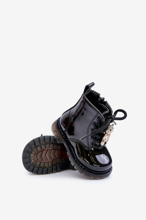Ocieplane Lakierowane Botki Dziecięce Z Misiem Na Zamek Czarne Enchanta