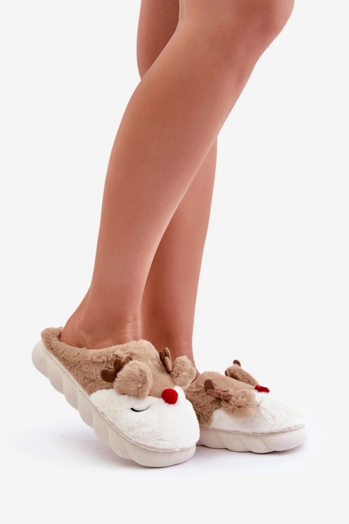 Futrzane Kapcie Damskie Z Motywem Renifera Brązowe Wistira