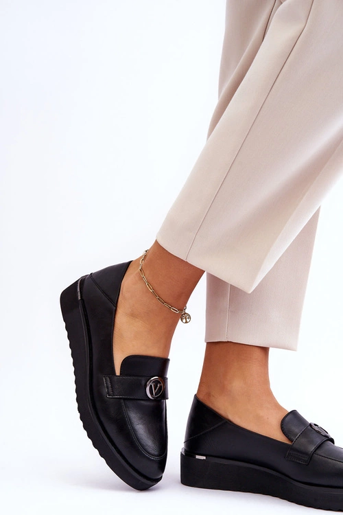 Damskie Skórzane Mokasyny Na Niskim Koturnie Czarne Synthia