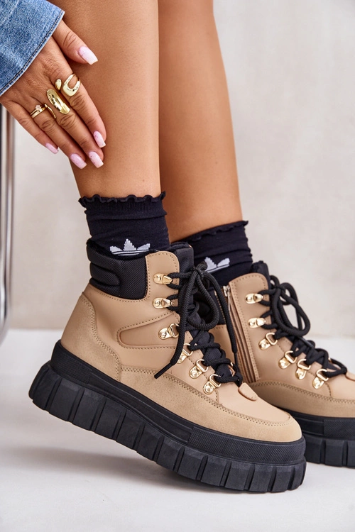 Damskie Ocieplane Botki Trapery Na Platformie Brązowe Jelenia