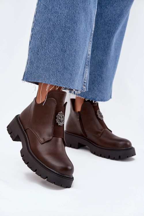 Ocieplane Niskie Botki Damskie Z Ozdobą Na Zamek Brązowe Lavira