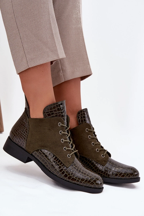 Lakierowane Botki Damskie Z Ozdobnym Tłoczeniem Ocieplane Vinceza 16477 Ciemnozielone