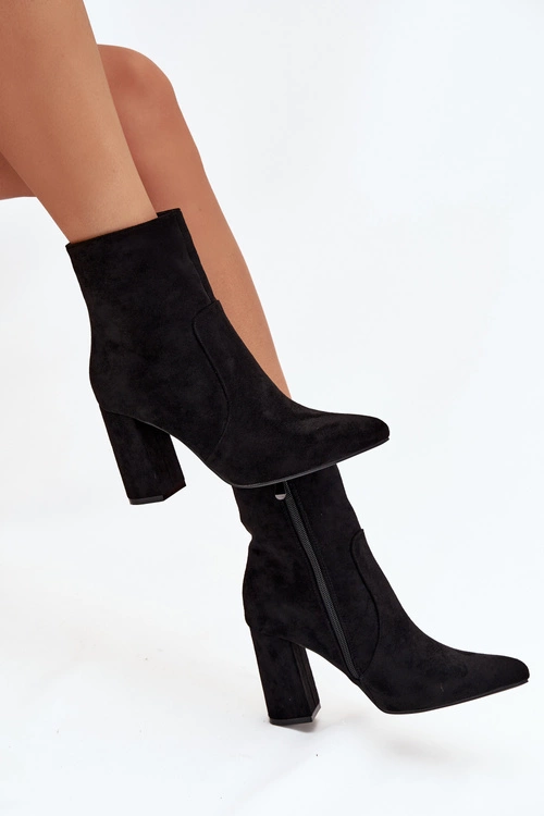 Ocieplane Botki Damskie Na Słupku Z Eko Zamszu Czarne Pralina