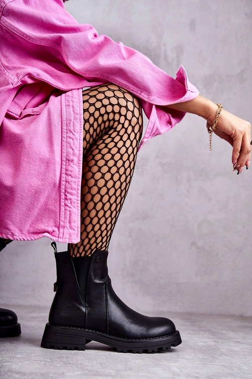 Skórzane Ocieplane Botki Workery Na Płaskim Obcasie Czarne Salome