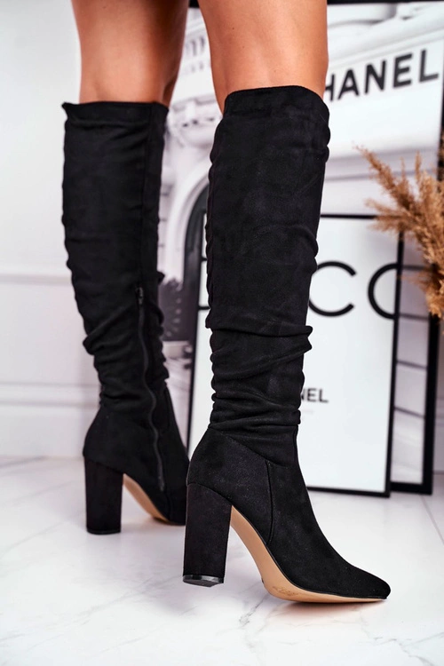 Kozaki Damskie Na Słupku Zamszowe Czarne Pomestro