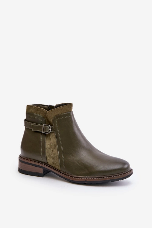 Ocieplane Botki Damskie Z Niską Cholewką Na Zamek Eko Skórzane Ciemnozielone Taitha