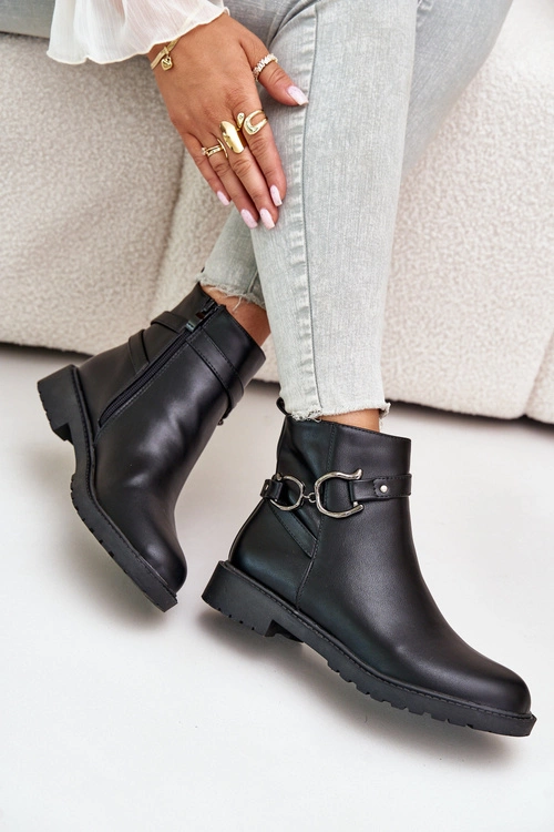 Ocieplane Botki Na Płaskim Obcasie Z Ozdobnym Paskiem Czarne Calzina