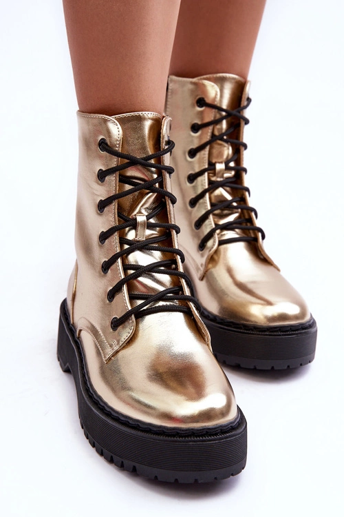 Skórzane Metaliczne Botki Workery Złote Teflorna