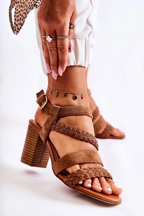 Zamszowe Damskie Sandały Na Słupku Camel Elora