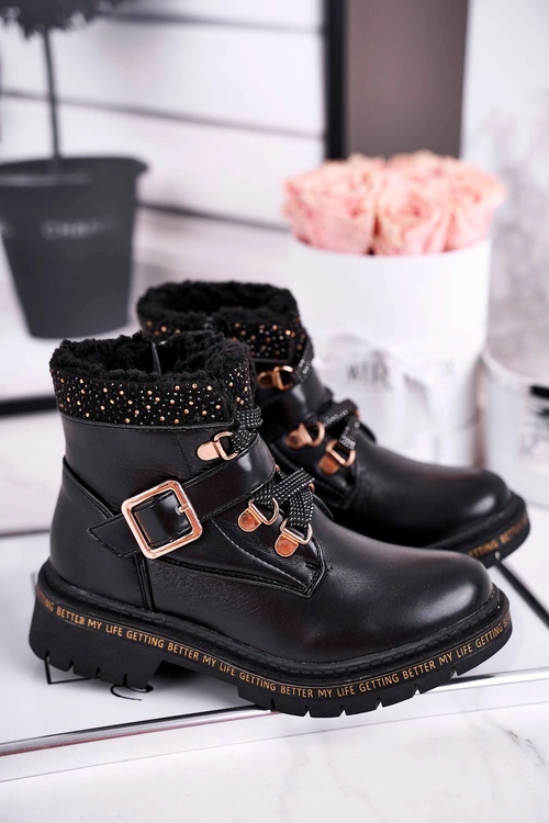 Dziecięce młodzieżowe botki z kożuszkiem czarne Rhythm