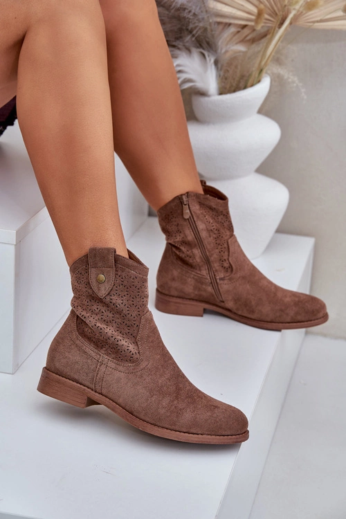 Ażurowe Botki Na Płaskim Obcasie S.Barski HY51-063 Brązowe