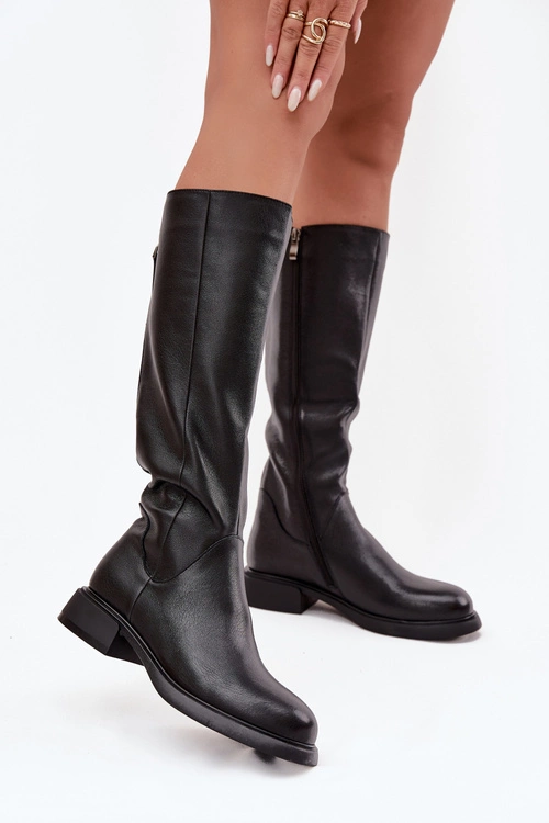 Skórzane Kozaki Damskie Na Płaskim Obcasie Ocieplane D&A JC52-837 Czarne