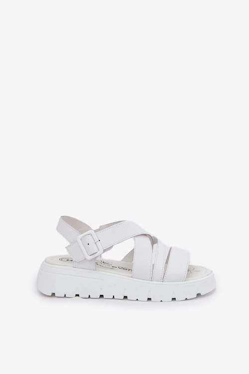 Skórzane Sandały Damskie Na Platformie Z Klamrą Białe Selianae