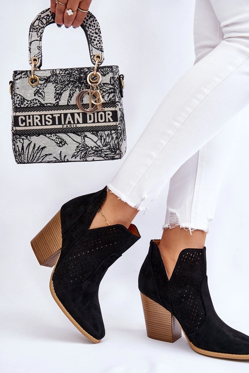 Botki Damskie Na Słupku Zamszowe Ażurowe Czarne Shades