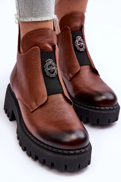 Damskie Skórzane Botki Z Ozdobą Brązowe Lemar Lusanna