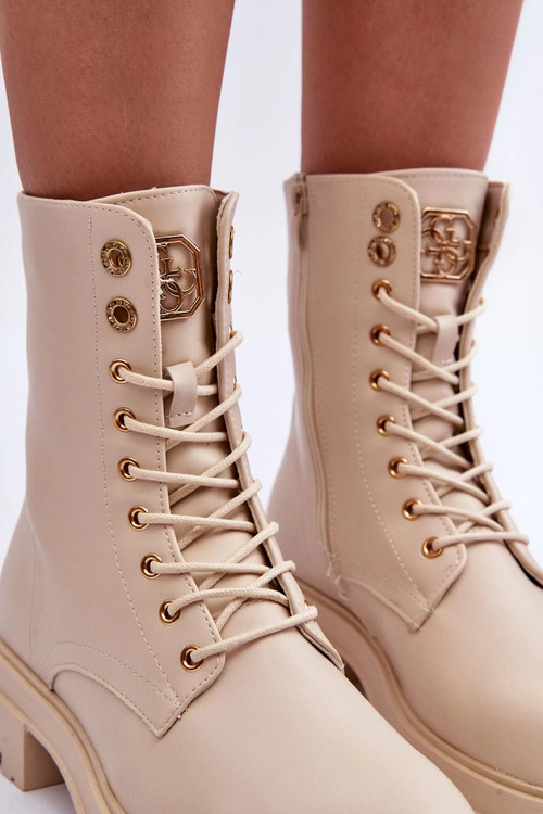 Skórzane Workery Botki Z Ozdobą Beżowe Yemannis