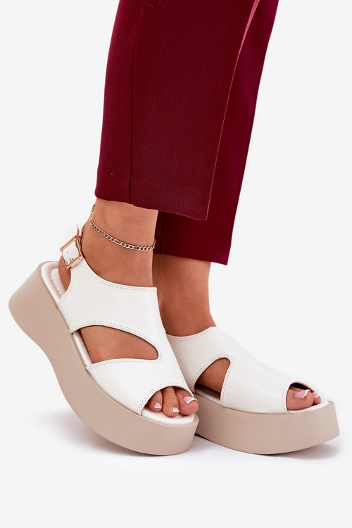 Sandały Damskie Na Platformie Eko Skórzane Białe Karonia