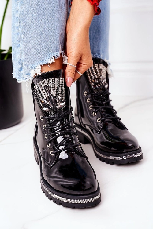 Lakierowane Ocieplane Workery Z Cyrkoniami Czarne Attention