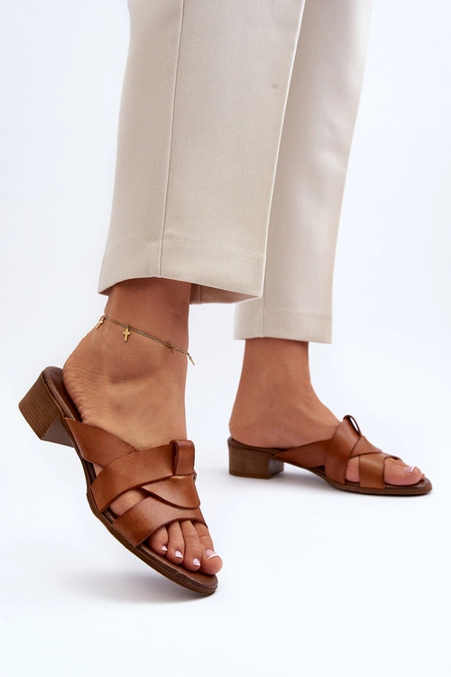 Zazoo 40236 Skórzane Klapki Damskie Na Niskim Obcasie Brązowe