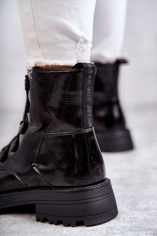 Damskie Lakierowane Ocieplane Botki Ze Ściągaczem Czarne Helia