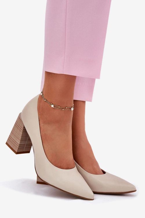 Skórzane Czółenka Na Słupku Beżowe Gregosa