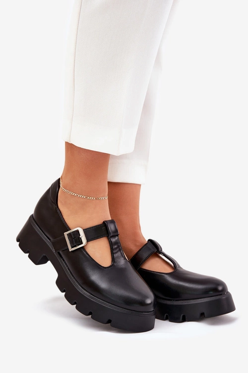 Półbuty Damskie Z Klamrą Na Platformie I Płaskim Obcasie Czarne Venda
