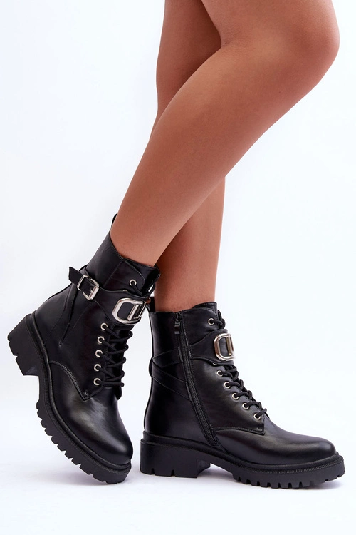 Modne Botki Workery Z Ozdobą Czarne Ollia