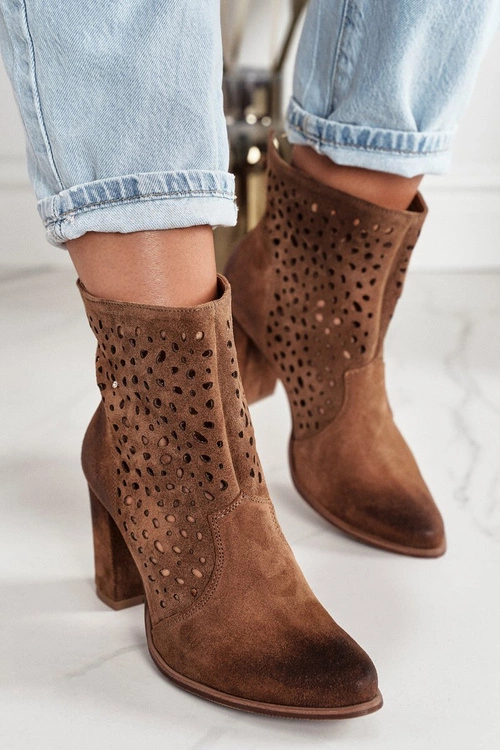 Ażurowe Botki Na Słupku Zamszowe Exquisite 1219 Koniak