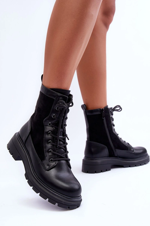 Damskie Workery Botki Skórzane Czarne Faustina