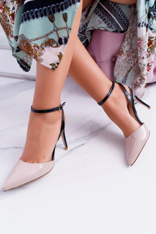 Damskie Szpilki Sandałki Beżowo Czarne Ergola