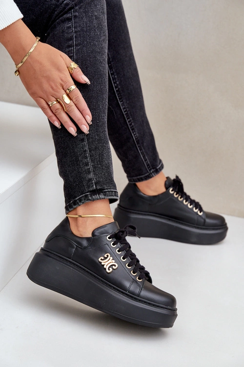 Sneakersy Ze Skóry Naturalnej Na Platformie Złota Ozdoba Lewski 3428 Czarne