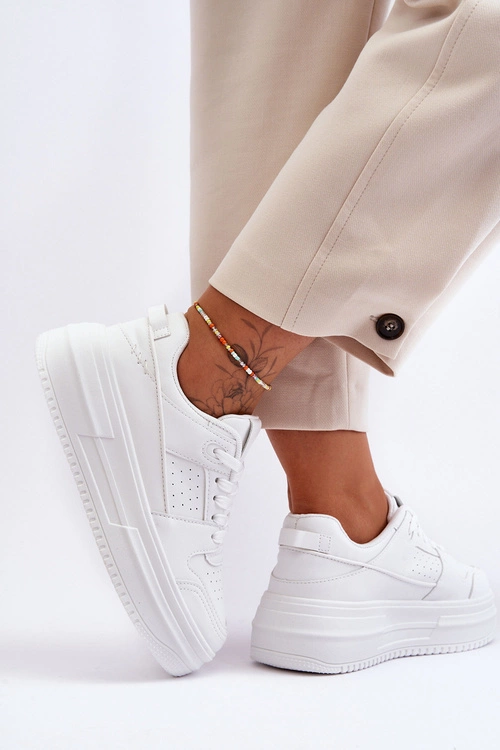 Damskie Skórzane Buty Sportowe Na Masywnej Platformie Białe Belisso