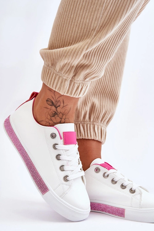 Niskie Trampki Damskie Z Dżetami Biało-Różowe Demira